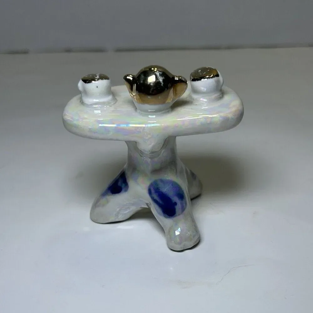 Vintage Victorian/Colonial Iridescent Porcelain Couple Having Tea (3 Pc Set)
